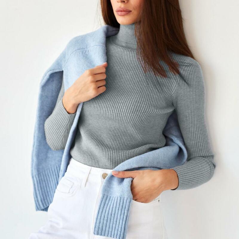 Women Turtleneck Long Sleeve Bottoming Shirt Solid Color Ribbed Slim Fit Knitting Pullover Tops Elastic Knitwear