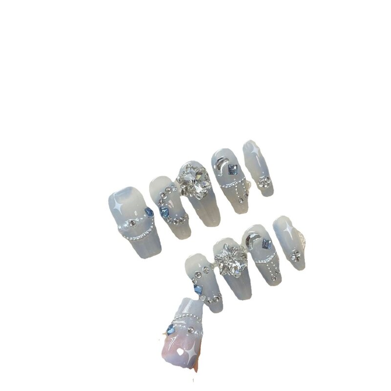 10 шт. накладные ногти чистый снег алмазные накладные ногти ручной работы XS S M L полное покрытие кристалл туман синий накладные ногти с ящиком для инструментов