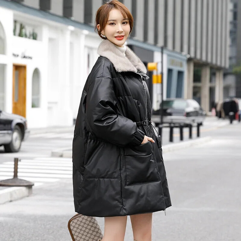 Jaqueta de couro genuína para mulheres gola de pele de vison de carneiro casaco grande solto estilo coreano inverno