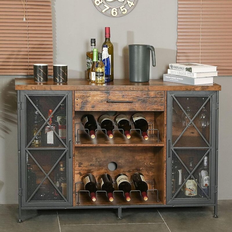 Wine Bar Cabinet with Wine Rack and Glass Holder, Drawer and Mesh Door freight free