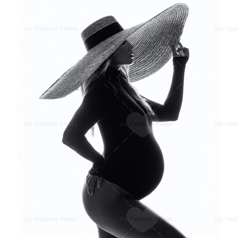 Alat peraga fotografi ibu hamil sarung tangan kulit rumbai ekstra panjang Properti topi hitam untuk berpose di Studio fotografi