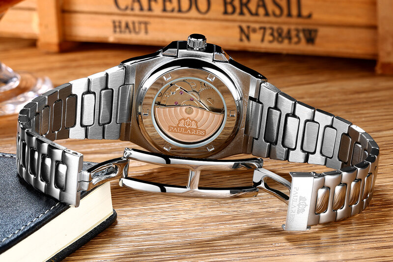自動巻き機械式照明ステンレス鋼グレーコーヒーブラックホワイトダイヤルシンプルなビジネス男性用時計