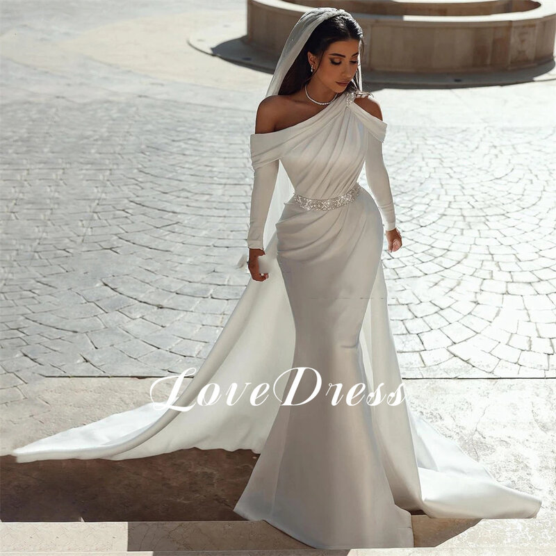 Vestido de novia plisado con un hombro descubierto, traje elegante de sirena, manga larga, largo hasta el suelo