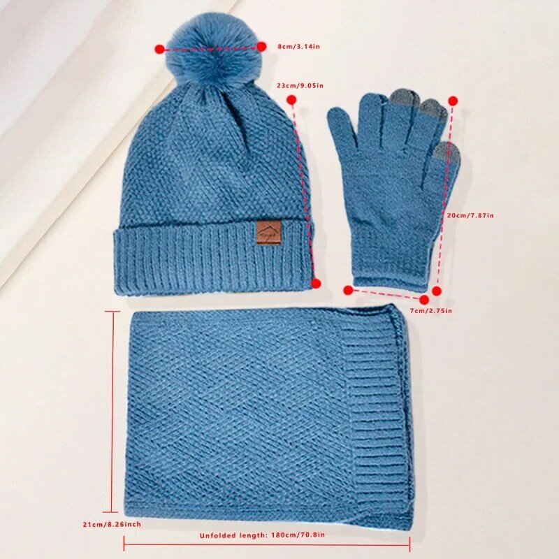 3pcs/set Winter Beanie Hat Scarf Touchscreen Gloves Set for Women Warm Knit Fleece Lined Hat Set Leather Label Fur Ball Cap