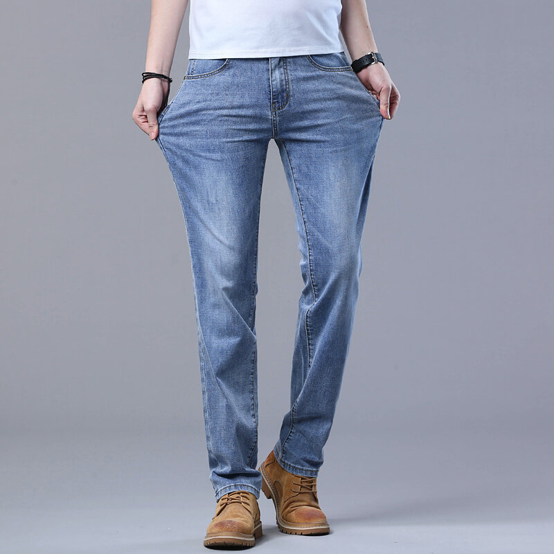 Spring and Summer Thin Men's Light Blue Slim Jeans Stylish Casual Stretch Fabric Denim Pants Classic Trousers Smoke Gray