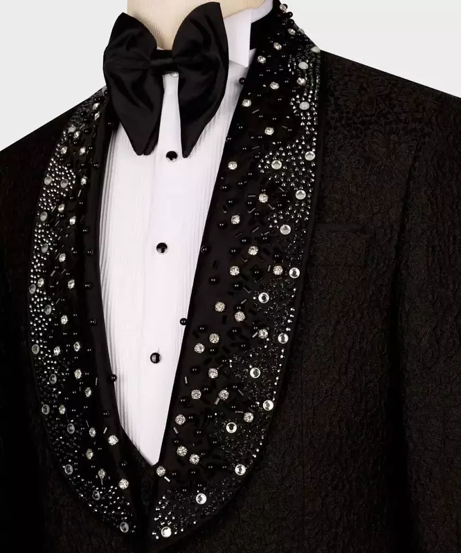 Conjunto de trajes de Jacquard negro para hombre, Blazer + Pantalones de lujo, chaqueta hecha a medida con cristales, esmoquin de boda para novio, vestido de fiesta de graduación, abrigo de 2 piezas