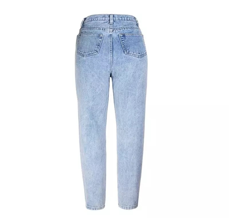 Lichtblauwe Hoge Taille Wassen Knoop Rechte Jeans Boyfriend Style Gebleekte Gescheurde Broek Klassieke Vrouwen Losse Casual Denim Broek