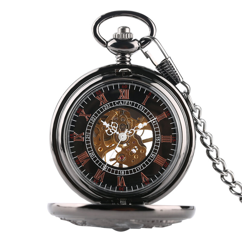 Luxus Mechanische Taschenuhr Schwarz Hohl Doppel Kran Tasche Uhren Römischen Ziffern Zifferblatt Anhänger Uhr Geschenke für Männer Frauen