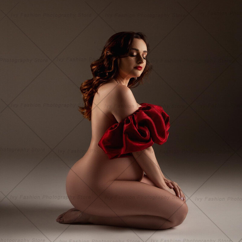 Damska ciazowa sesja zdjęciowa seksowna czerwona satyna sznurowana spódnica Bubble rękawy akcesoria rekwizyty do studia fotograficznego