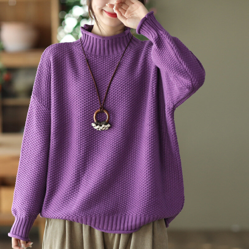 Jesienno-zimowa Retro damski sweter z dzianiny luźna, uniwersalna literacka bluza z elegancka, długa rękawem moda prosta damska dzianina