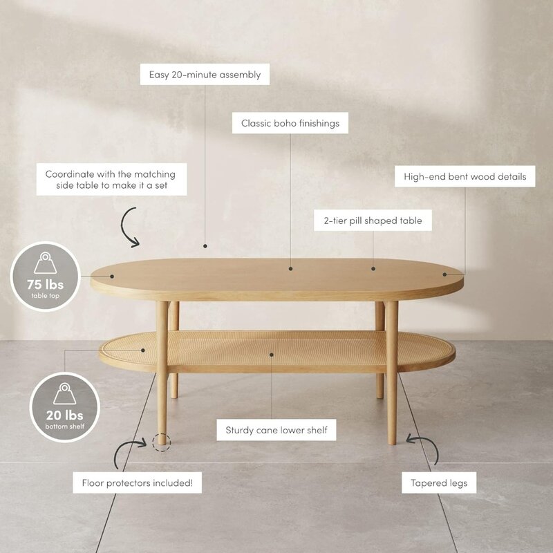 Coffee Table With Storage Shelf Light Wood/Rattan Café Furniture