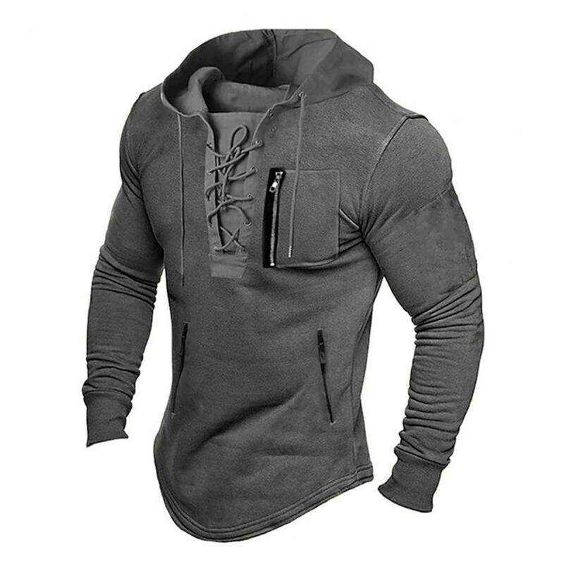 Men Fall Spring Top Lace Up Drawstring Solid Color Long Sleeve Zipper Pockets Pullover Streetwear Men Mid Length Hoodie