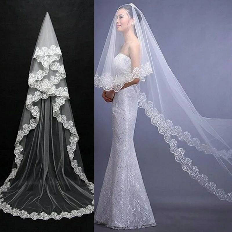 Graciosa branco longo nupcial casamento borda do laço véus noiva véus 2.5 quintal capela véu acessório de casamento 2022