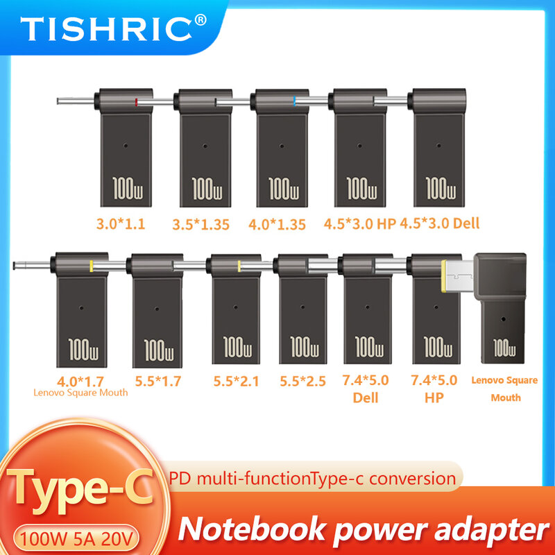 TISHRIC-Laptop Adaptador de Alimentação Carregador, Conector de Alimentação, USB Tipo-C, Fêmea para DC Masculino, HP, Lenovo, DELL, 100W, 5A
