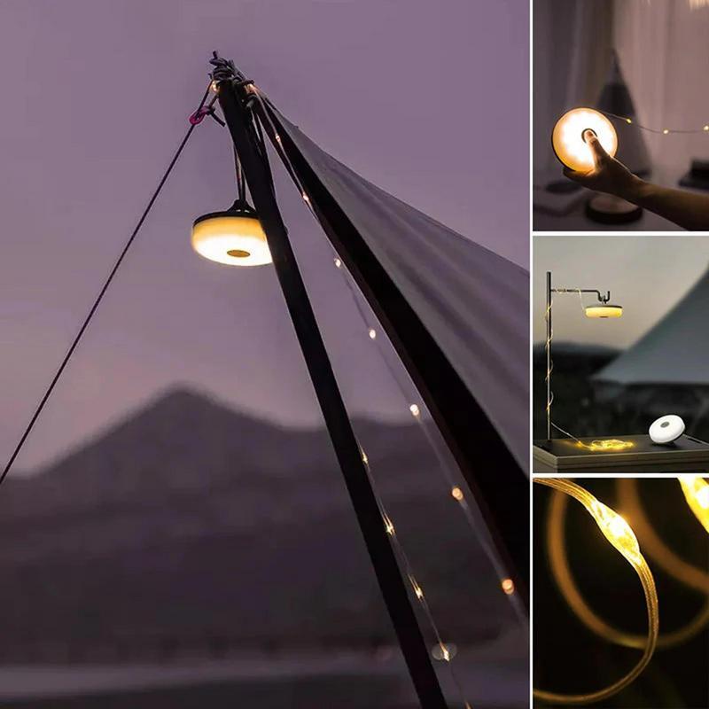 Cadena de luz LED multifunción para acampar, lámpara de ambiente recargable, portátil, decoración de tienda de campaña, luz impermeable para exteriores