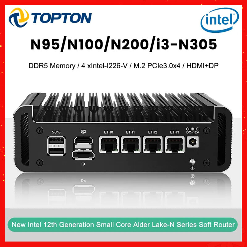 2024 Topton Soft Router 12th Gen Alder Lake i3 N305 N200 N100 4x Intel i226-V 2.5G Bezwentylatorowy Mini PC Firewall Appliance VPN Server
