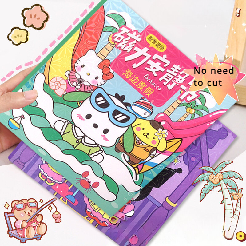 Sanrio Kawaii Magnetic Quiet Book para Crianças, Cinnamoroll, Pompompurin, Kuromi, Corte Livre, Brinquedo Anime Artesanal, Presente de Aniversário