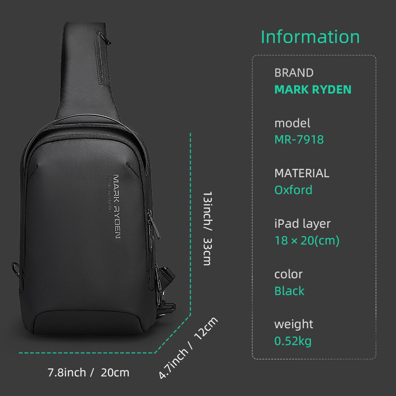 Mark Ryden Men Water-repellent Sports Chest Bag Travel Shoulder Bag  Anti-theft Crossbody Bags USB Charging Messenger Bag
