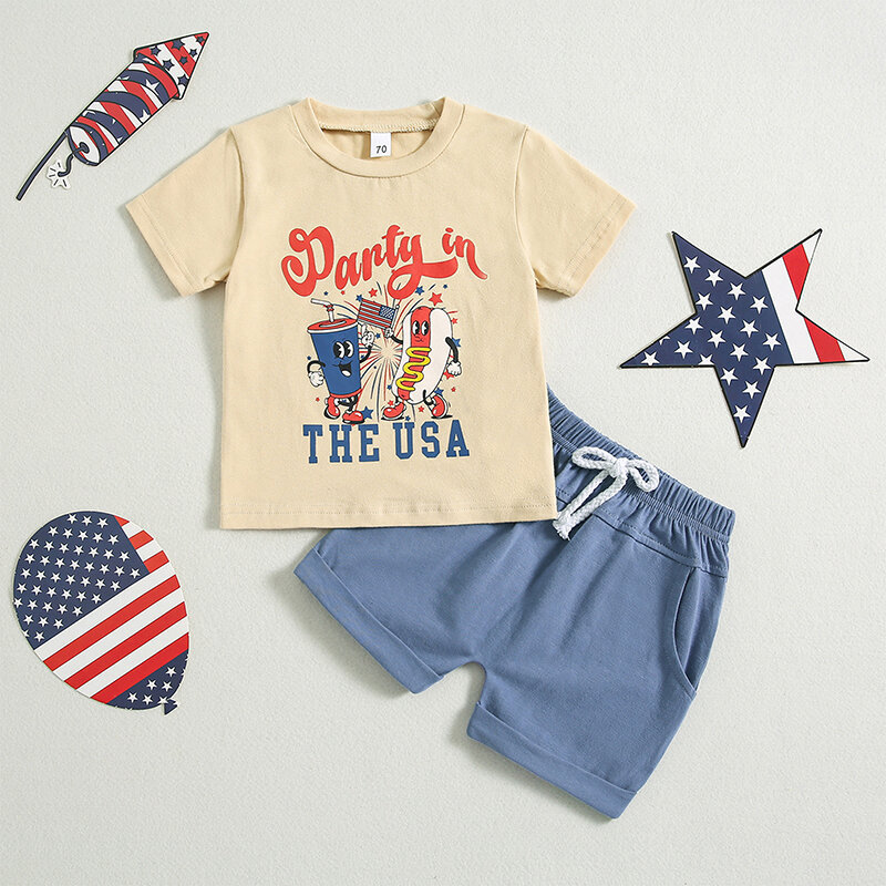 VISgogo Toddler Boy 4th of Julty Outfit Letter Cartoon Print Short Sleeve Round Neck T-Shirt with Solid Color Shorts