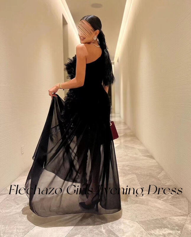 Flechazo-vestidos de noite chiffon preto para mulheres, um ombro, plissado, ilusão em camadas, vestido de festa, 2024