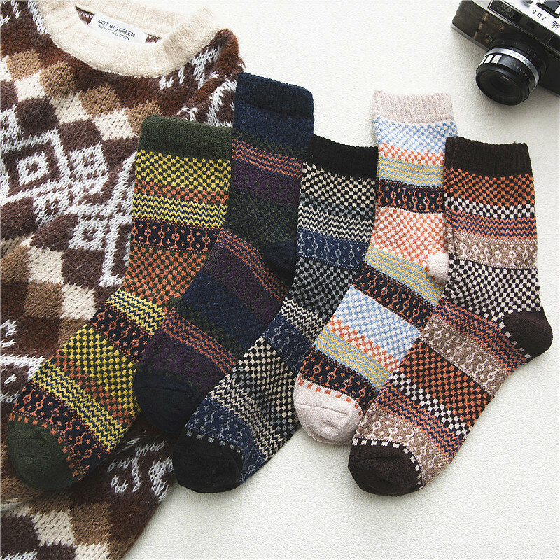 5 pares de outono e inverno quente meias de lã masculina no meio do tubo pequeno quadrado estilo étnico retro meias de esqui