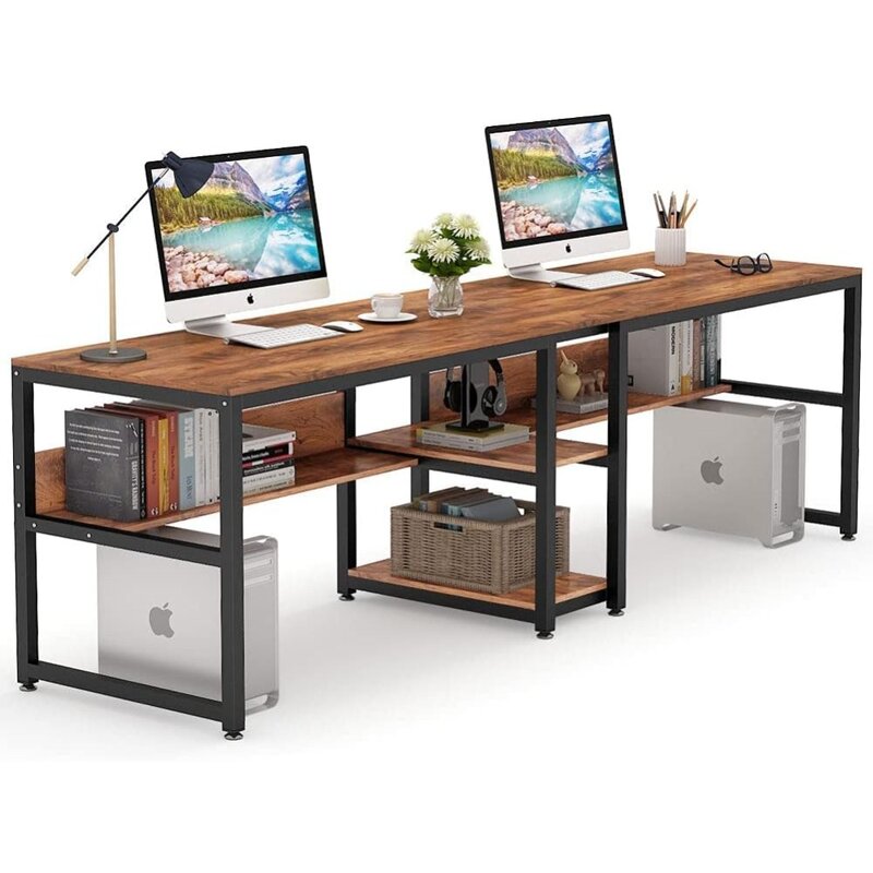 Mesa dupla com estante, mesa do computador de escritório para 2 pessoas, secretária rústica, estação de trabalho com prateleira para casa, 767