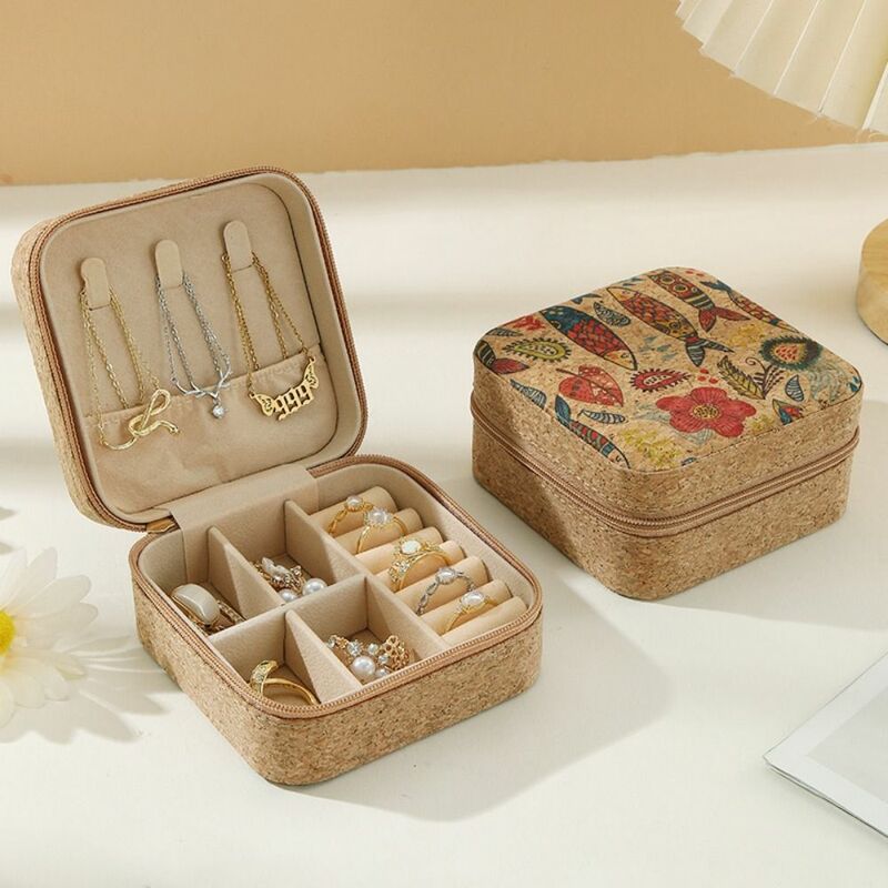 Vintage Cork Jewelry Box Fashion Portable Flowers Necklace Storage Case Retro Durable Earrings Storage Box Pendant