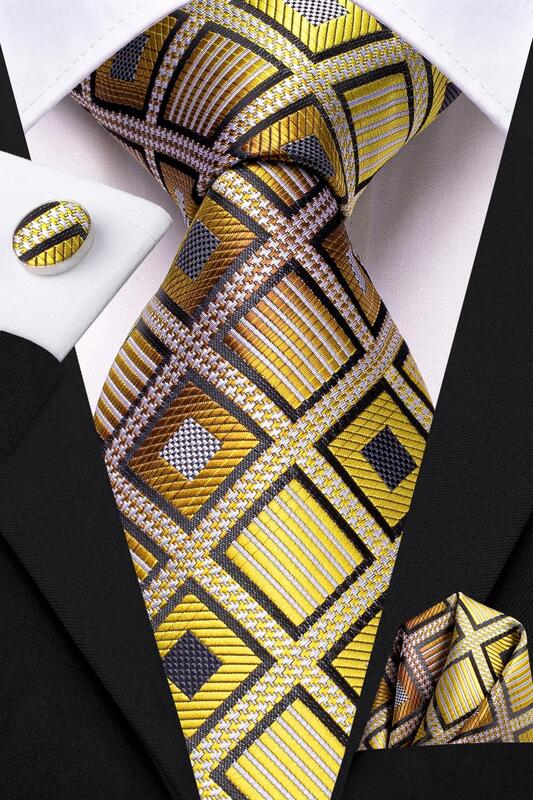 สีเหลืองสีเทาลายสก๊อตผ้าไหม Tie สำหรับของขวัญบุรุษ Mens เนคไท Handky Cufflink ชุดแฟชั่นธุรกิจ Party Dropship Hi-tie Designer