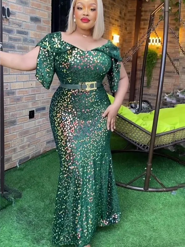 Elegant African Dresses for Women Plus Size Sequin Evening Party Long Dress 2024 New Africa Clothing