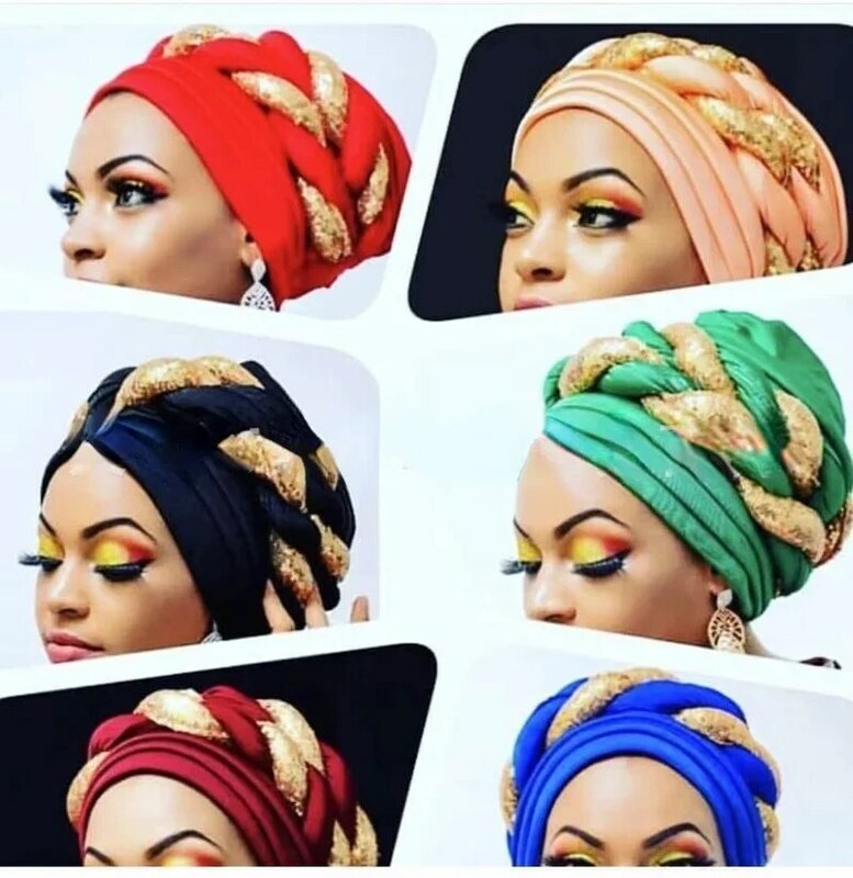 Turbantes trenzados para mujer, turbante africano con lentejuelas, envolturas para la cabeza, gorro de boda, gorro de invierno