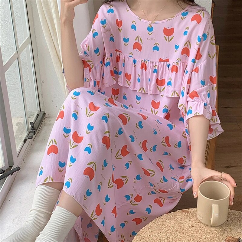 Frauen Sommer dünnes Zuhause Kleid große Größe locker lässig atmungsaktiv Viskose Pyjamas drucken Nachthemd Homewear bequeme Nachtwäsche