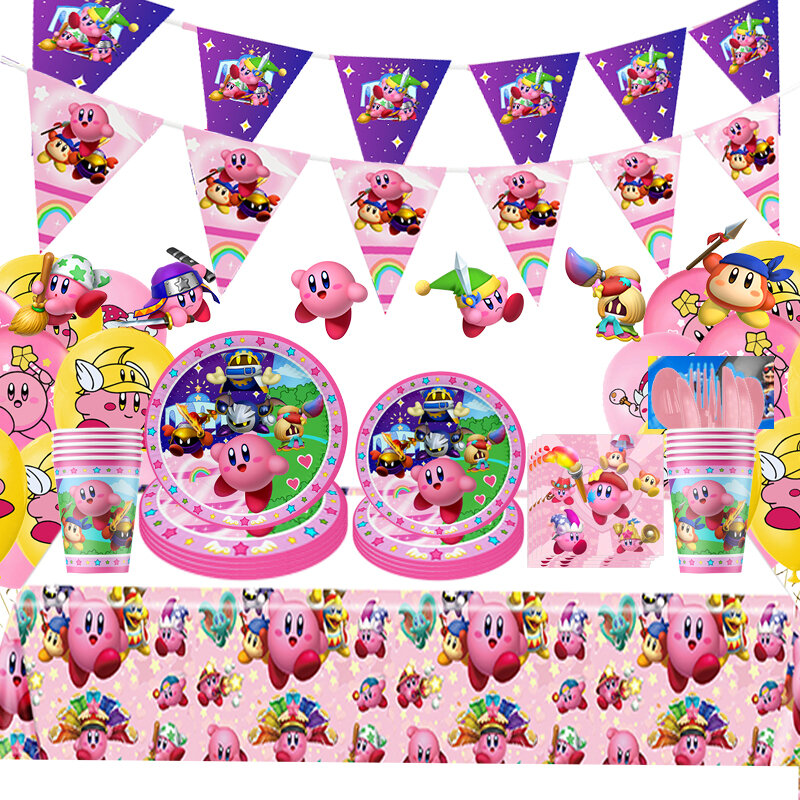 Kirby-ピンクの使い捨てパーティーデコレーション,漫画のテーブルクロス,ナプキン,バルーンセット,男の子と女の子の出生前のパーティー,レセプションデコレーション