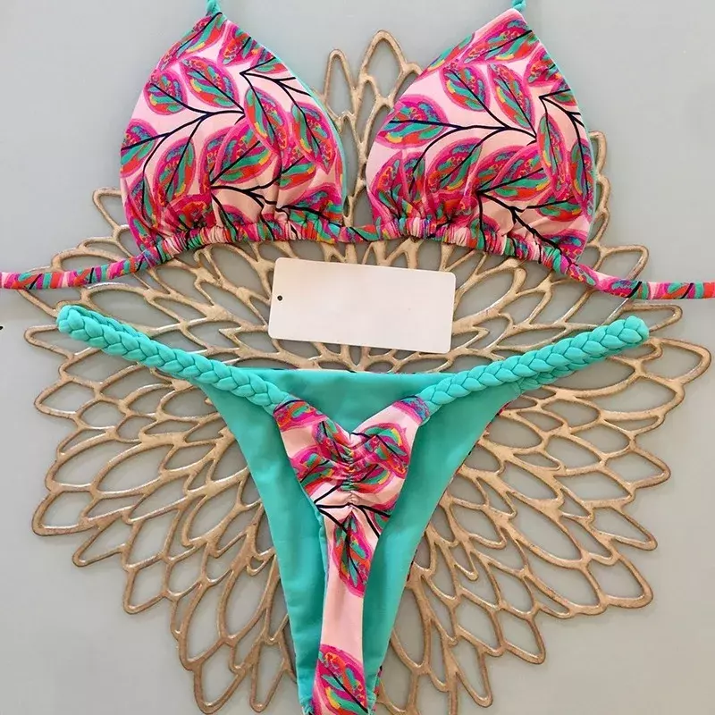 Bikini brasileño con estampado de hojas para mujer, traje de baño Sexy con Tanga de cintura alta, 2023