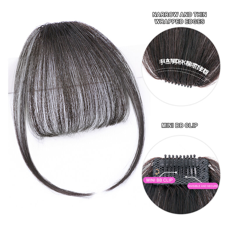 Ekstensi rambut manusia 100% klip dalam poni klip rambut hitam alami dengan poni melengkung untuk pakaian sehari-hari wanita