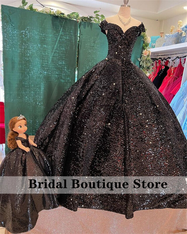 반짝이는 블랙 볼 가운, 퀸시네라 드레스, 오프 슈더 스팽글 아플리케, 럭셔리 스위트 16 원피스, 맞춤 제작