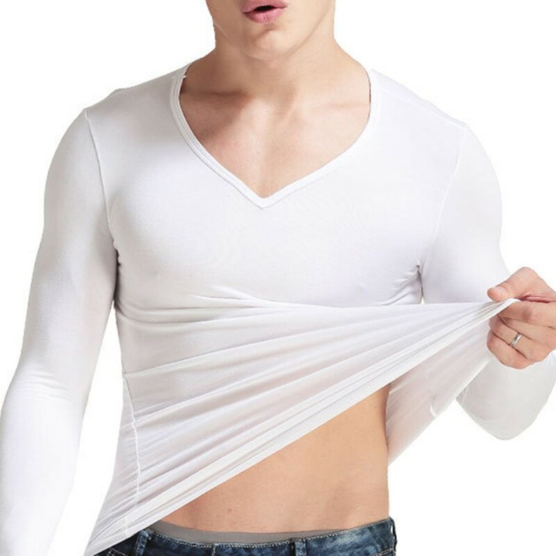 Men Autumn Winter Thermal Underwear Long-Sleeved Round / V-Neck Bottoming Shirt Solid Thermo Undershirts Pullover A50