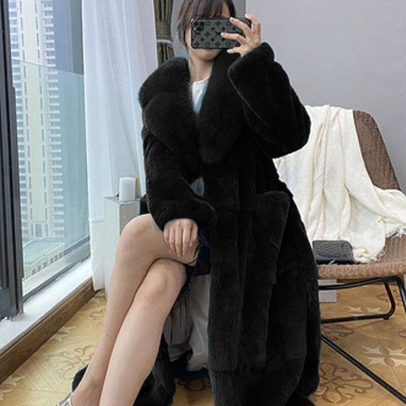 Mantel musim dingin wanita, mantel bulu rubah imitasi tebal hangat ukuran Plus 2023 mode sabuk X Panjang leher V mantel musim dingin wanita