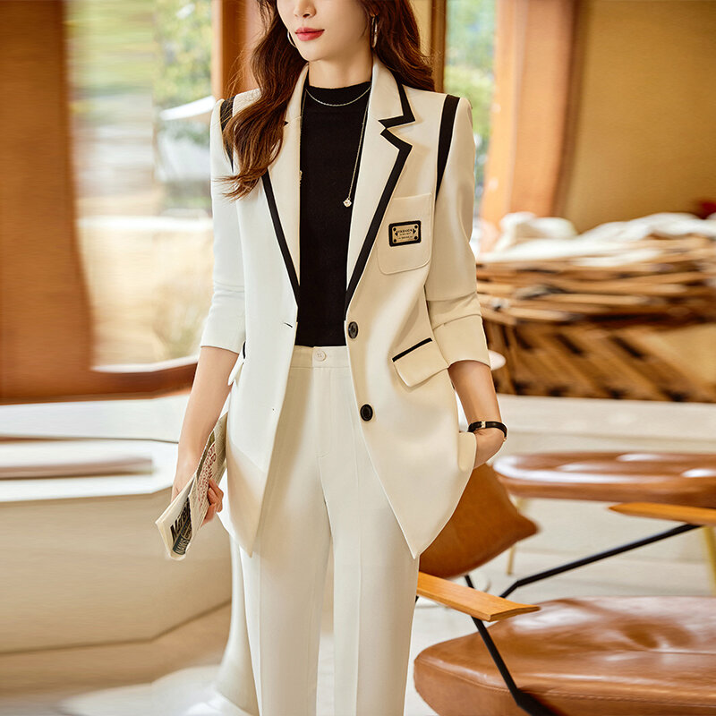 Setelan pakaian kerja wanita, jaket dua potong pakaian kerja kantor wanita kasual kualitas tinggi gaya Korea musim semi