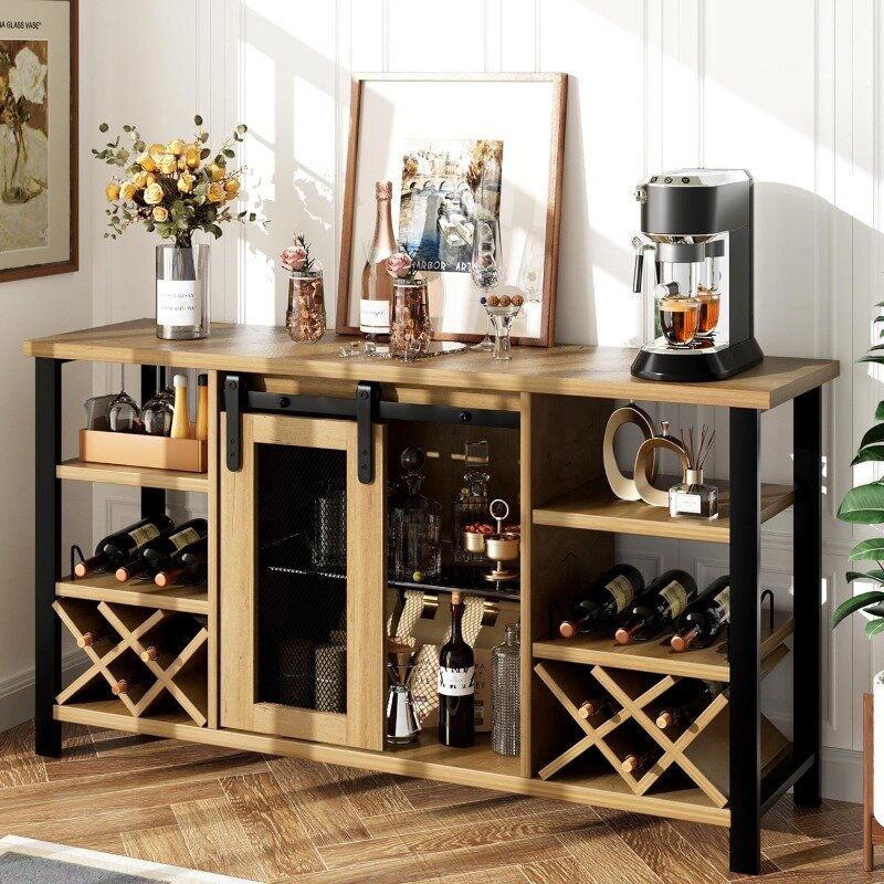 Aparador industrial Buffet Cabinet, Farmhouse Wood, Coffee Bar, Wine Rack para bebidas e copos