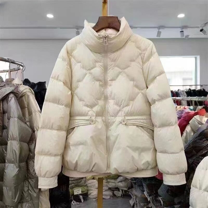 Abrigo de plumón de pato blanco para mujer, Parkas de cuello alto, de longitud corta, prendas de vestir finas, abrigo ligero y cálido, novedad de 2023