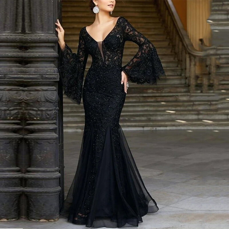 Vestido de noche con cola de pez para mujer, traje sexy ajustado, elegante, de encaje negro, falda larga, novedad de 2023