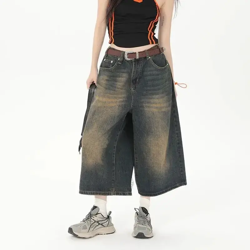 QWEEK Vintage Streetwear Women Jorts Jean 2024 Summer Loose Wide Leg Knee Length Shorts Oversize Fashion Denim Trouser Pants Y2K