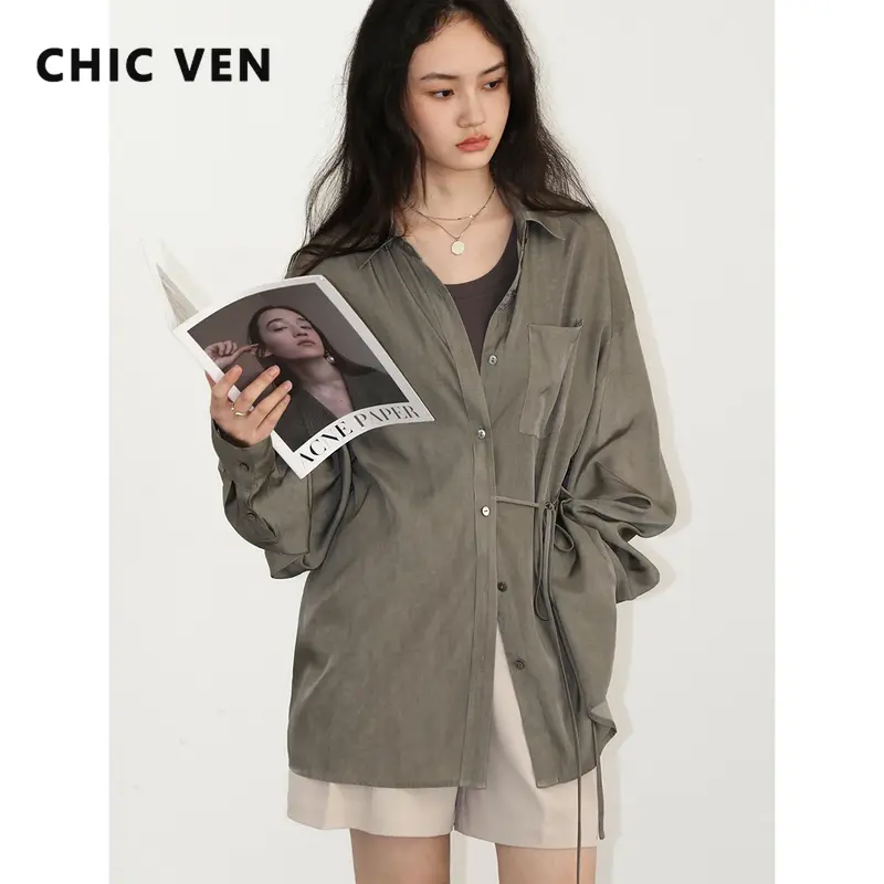 CHIC VEN-Camisa feminina casual com renda de manga comprida, blusas soltas de lapela, camisas de comprimento médio, monocromáticas, primavera, verão, novo, 2022