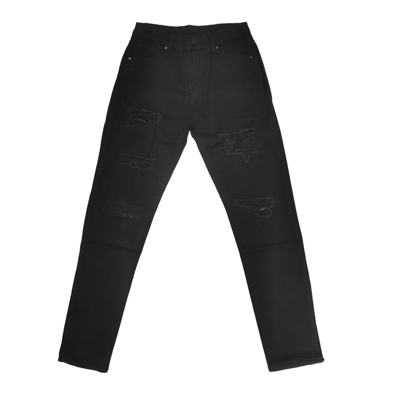 Women's Black Elastic High Waisted Slimming Fit Hollow Out Ripped Jeans Pencil Pants Casual Fashion Denim Trousers For Female