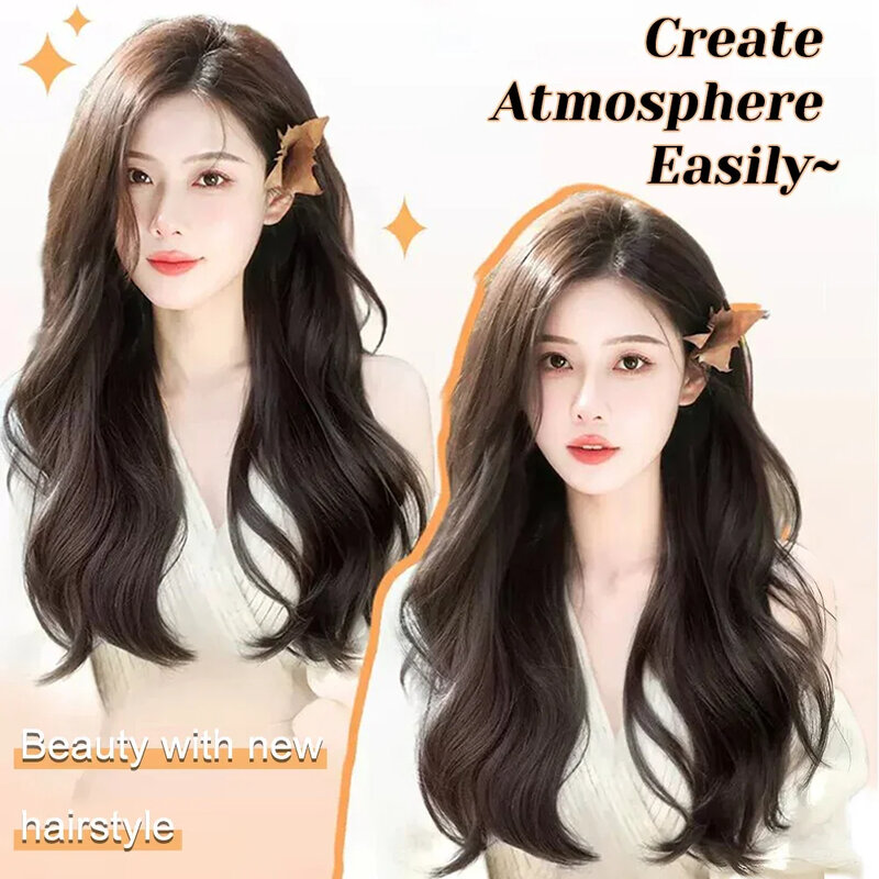 Synthetic Brown Black Long Wavy Wigs with Fluffy Bangs for Women Natural Wave Hair Cosplay Party Daily Wig Heat Resistant Fibre
