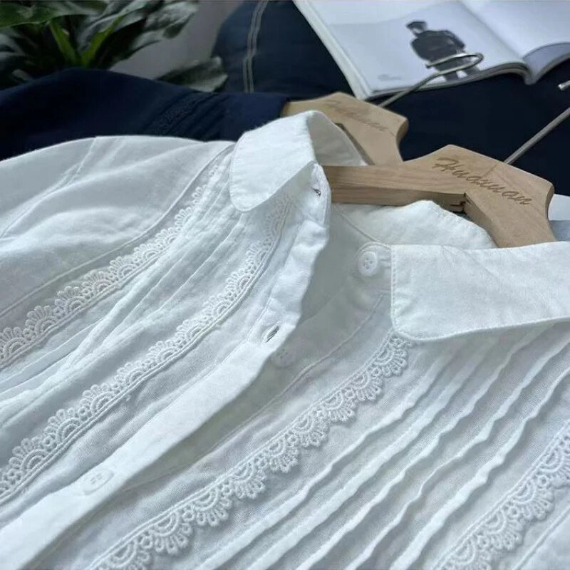 Camisa con costuras de encaje para mujer, blusa elegante coreana, holgada e informal que combina con todo, fina, Otoño, 2024