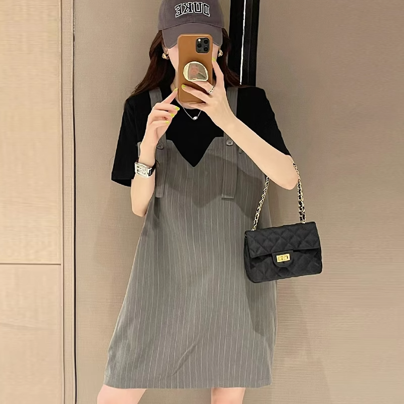 Fake Two Pieces Spliced Midi Dress Summer Korean Striped Female Clothing Casual Short Sleeve All-match Loose Straight Dresses