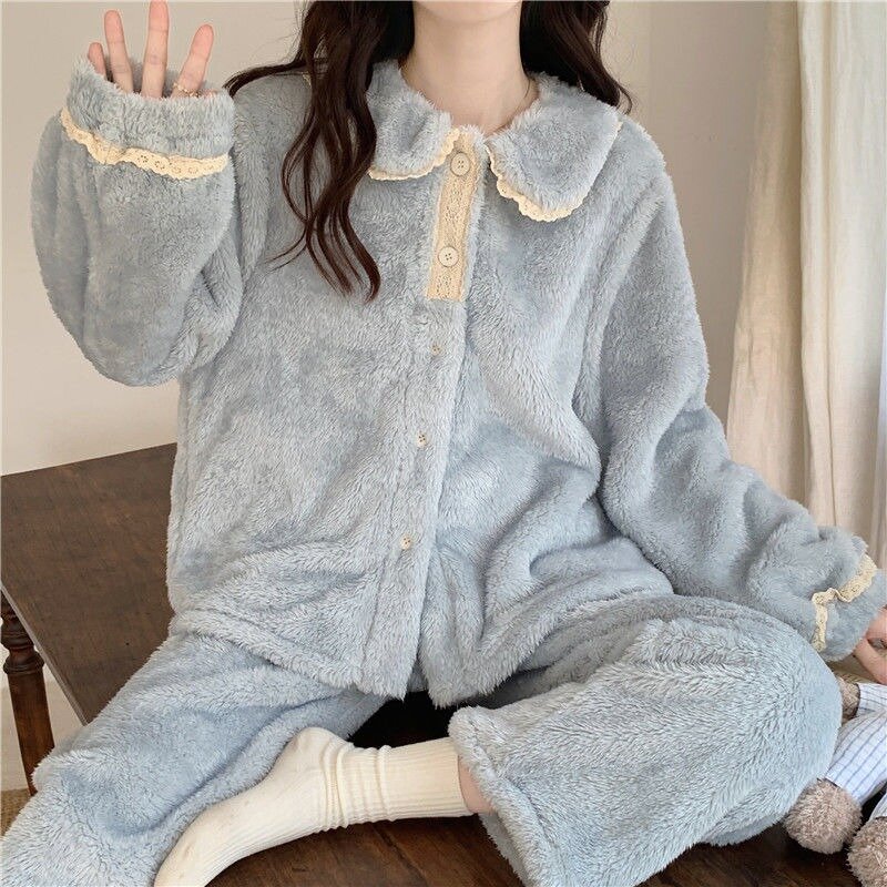 Pijama de terciopelo de franela Coral para mujer, conjunto de ropa de casa de primavera y otoño, se puede usar al aire libre, Invierno