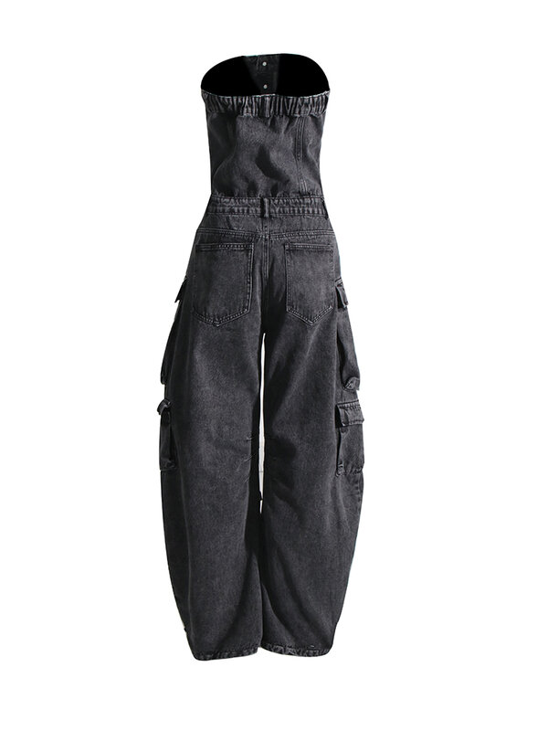 Комбинезон женский джинсовый с карманами, без бретелек, с высокой талией