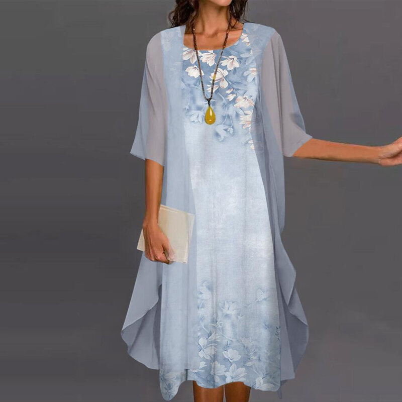 Vestido de manga comprida feminino solto estampado em chiffon, 2 peças com decote em O, vestido irregular, moda elegante, verão